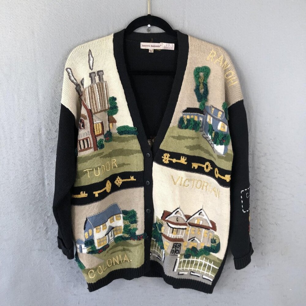 Black & Cream Scenic Embroidered Cardigan Sweater